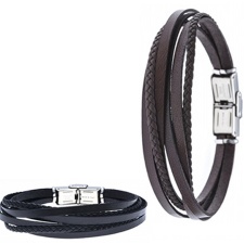 Polo Exchange ST50-PE160 Casual Multi-Strand Braided Stainless Steel & Genuine Leather Bracelet One Size For Men - Brown
