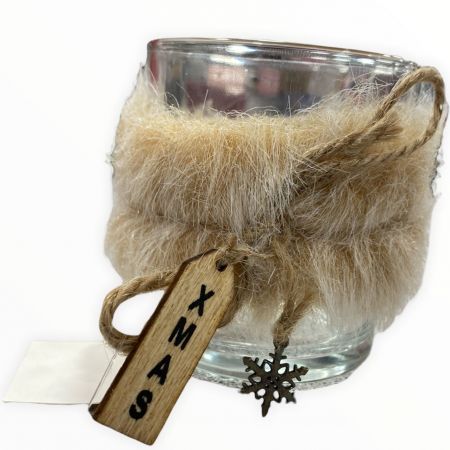 Out Of The Blue Glass Tealight Holder with Furr Christmas Decoration 960327 - 7 x 8 cm - Beige