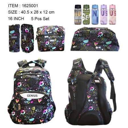 Genius School Bag 5 Pcs Set 16 Inches - 1625001 For Girls 5-8 years