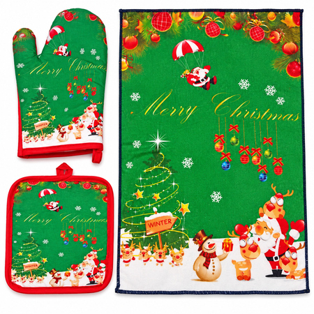 Festive Christmas Kitchen Set Oven Mitt, Pot Holder & Towel