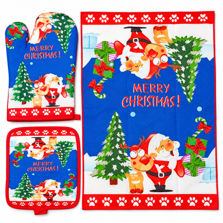 Dark Blue Christmas Kitchen Set Oven Mitt, Pot Holder & Towel