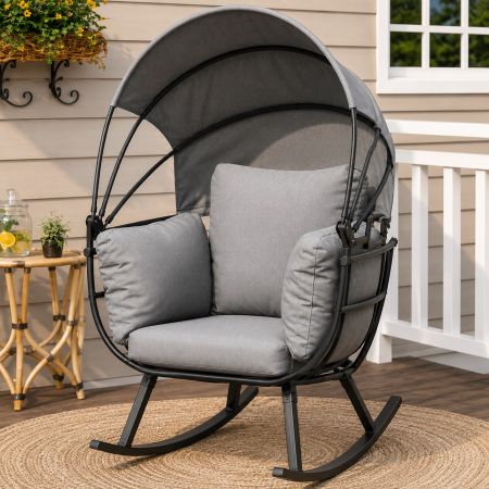 Outdoor Rocking Egg Chair with Folding Roof Canopy W 87 x D 99 x H 150 cm - White