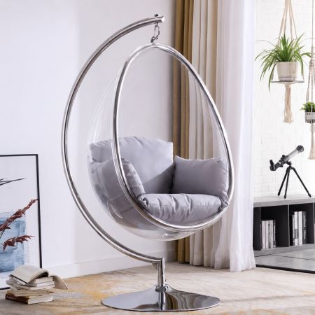 Transparent Acrylic Hanging Bubble Chair with Stainless Steel Stand & Cushions - White