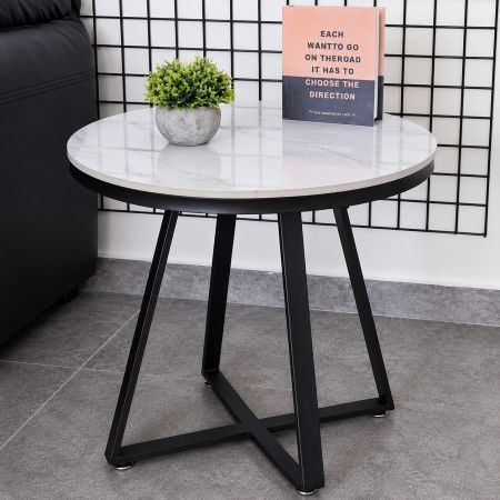 Round Ceramic Top Side Table with Black Metal Geometric Base 50 x 50 cm