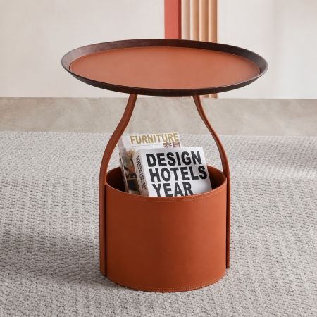 Modern Leather Tray Side Table with Storage Basket 48 x 50 cm