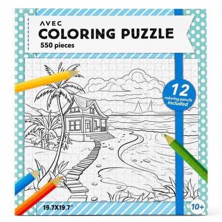 AVEC Coloring Puzzle 550 Pieces with 12 Coloring Pencils - Beach House Design 10+ Years