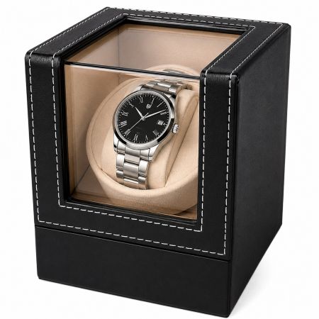 Single Automatic Watch Winder Box with Display Window - Black PU Leather