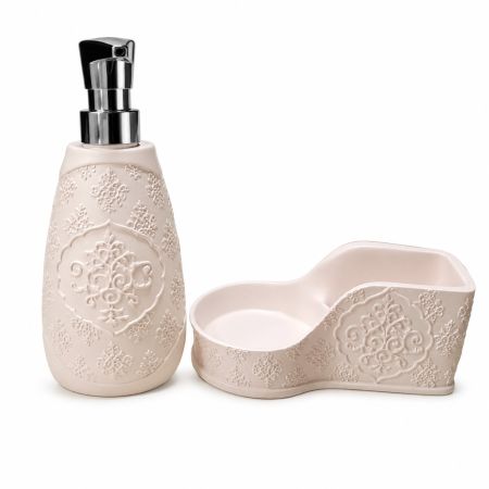 Pink Soap Dispenser and Holder Set