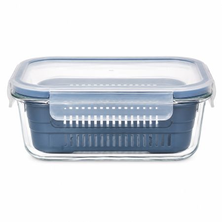 Uniq Fresh Flow Rectangular Borosilicate Glass Food Container with Removable Drain Basket 1050ml