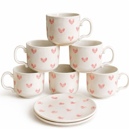 Ceramic Hearts Coffee Cup Set With Saucers 6 Pcs