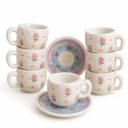 Ceramic Small Flowers Coffee Cup Set With Saucers 6 Pcs