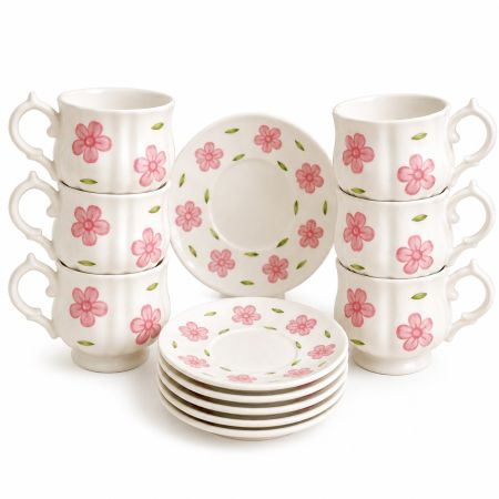 Ceramic Large Flowers Coffee Cup Set With Saucers 6 Pcs