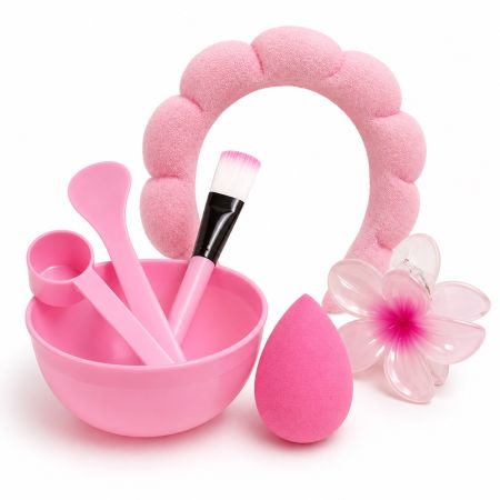 7-Piece Facial Mask Mixing Set with Flower Headband - Pink