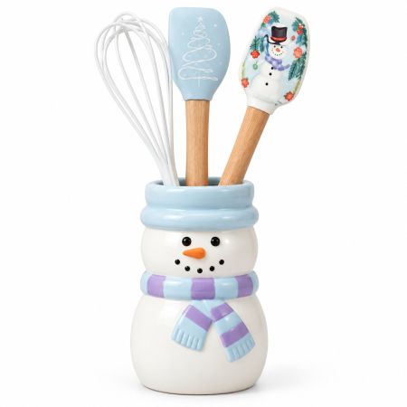CWC Cook With Color Christmas Mini Utensil Snowman Holder Set Of 4 Pcs