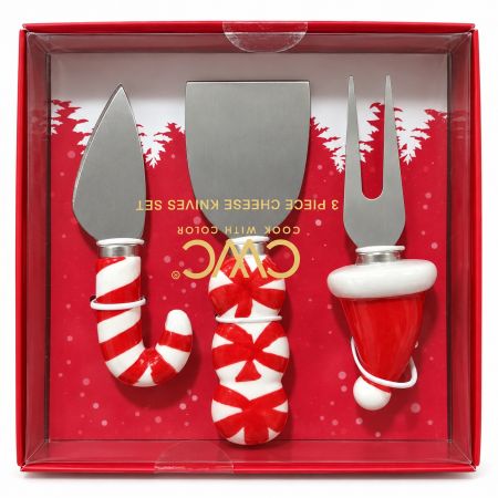 CWC Cook With Color Holiday Red Cheese Knife & Fork 3 Pcs Set With Figural Ceramic Handles
