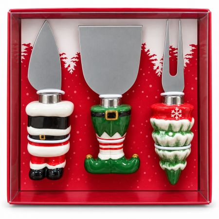 CWC Cook With Color Holiday Green Cheese Knife & Fork 3 Pcs Set With Figural Ceramic Handles