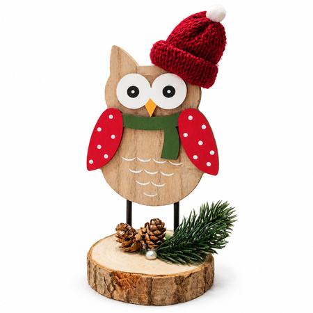 Wooden Christmas Owl Decoration with Knitted Hat - 20 × 9 cm