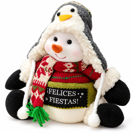 Plush Christmas Snowman Door Stopper "¡Felices Fiestas!" with Penguin Hood - 30 cm