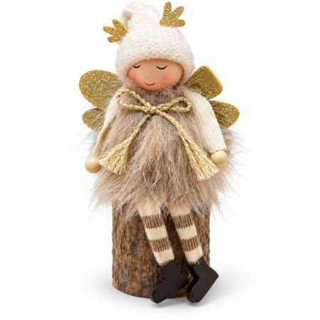 Christmas Angel Doll With Gold Wings & White Beanie H. 17 cm