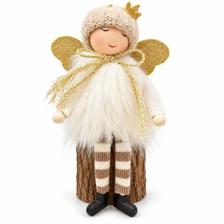 Christmas Angel Doll With Gold Wings & Beige Beanie H. 17 cm