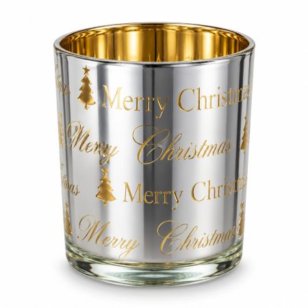 Silver & Gold "Merry Christmas" Glass Candleholder 8 x 7 cm