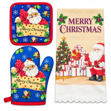 Christmas Kitchen Santa Set Oven Mitt, Pot Holder & Towel Model 1