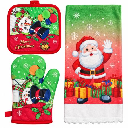 Christmas Kitchen Santa Set Oven Mitt, Pot Holder & Towel Model 3