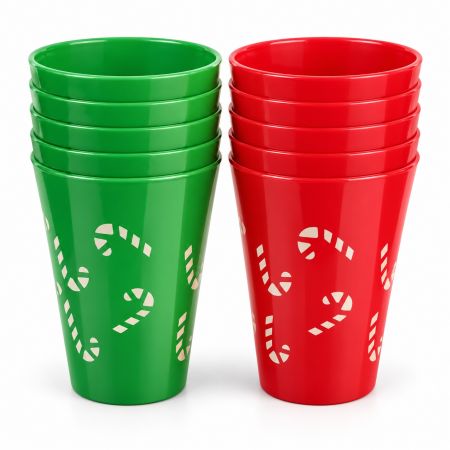 Reusable Christmas Plastic Candy Cane Cups 200 ml Set Of 12 Pcs