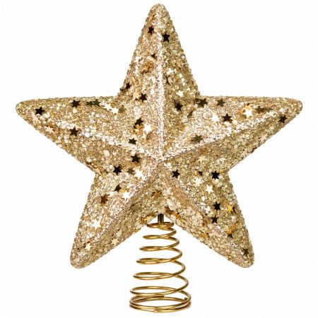 Glittering 3D Gold Star Tree Topper With Spiral Spring Base 22 x 20 cm