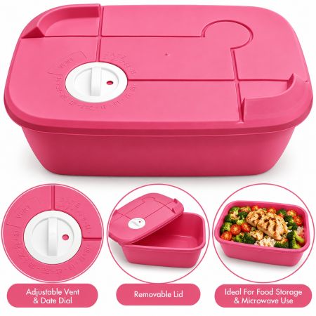 Rectangular Plastic Food Storage Container With Lid, Adjustable Date Dial & Steam Vent 19 x 8 cm