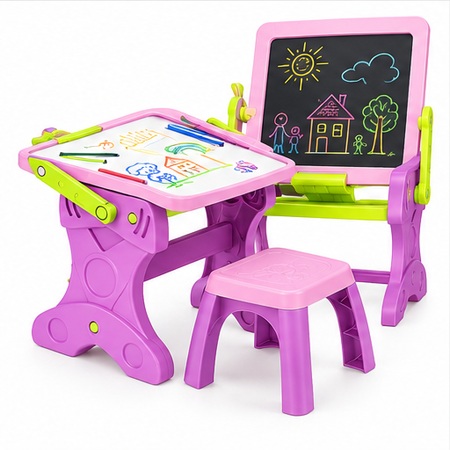 2-in-1 Pink Kids Drawing Desk & Chalkboard Easel with Stool - 3+ Years
