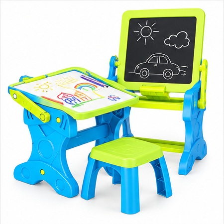 2-in-1 Blue Kids Drawing Desk & Chalkboard Easel with Stool - 3+ Years
