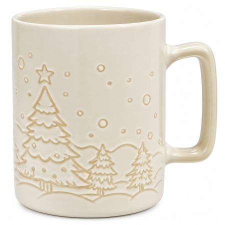 Elegant Christmas Ceramic Mug with Engraved Winter Christmas Tree Design Ivory White 200 ml