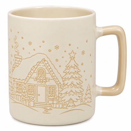 Elegant Christmas Ceramic Mug with Engraved Winter Village & Christmas Tree Design Ivory White 200 ml