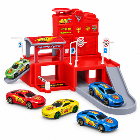 Lightning Sports Garage Playset with 5 Metal Cars - 3+ Years