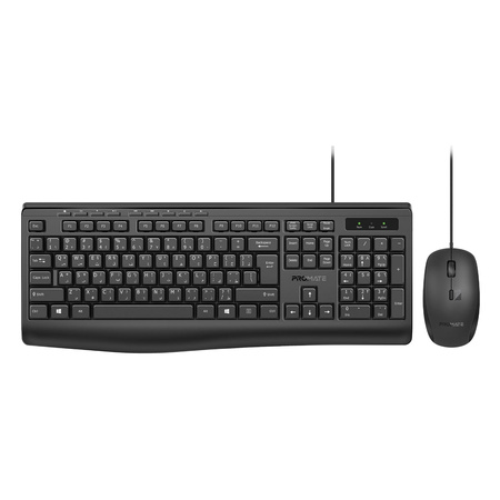 Promate Combo-CM4 Wired Keyboard and 2400 DPI Mouse Set, English/Arabic  Keyboard: 448 × 175 × 24 mm; mouse: 111.5 × 62 × 35 mm