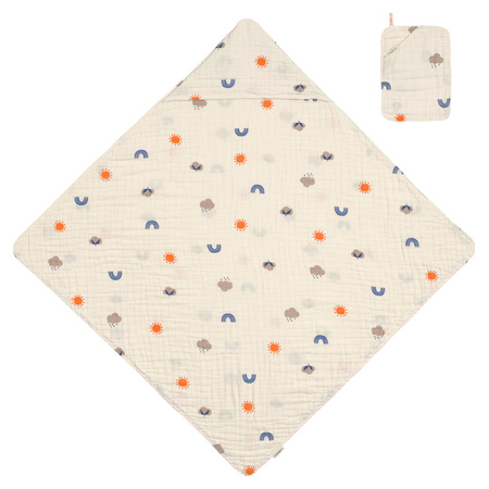 Lassig Nature Muslin Hooded Towel and Wash Glove Set - Beige - 0-24 Months - 80 x 80 cm + 15 x 22 cm