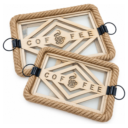Wood and Glass Serving Tray Set with Rope Trim 2 Pcs - Coffee Design