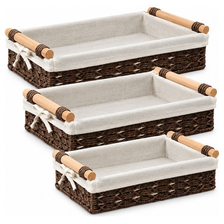 Woven Storage Basket Set with Wooden Handles 3 Pcs - Brown