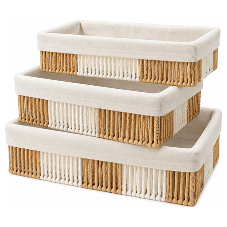 Woven Lined Storage Basket Set 3 Pcs - Beige and White