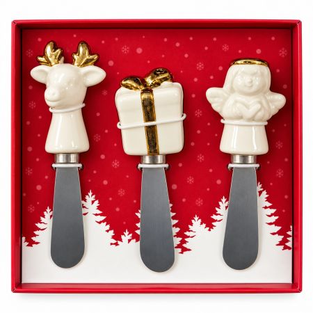 CWC Cook With Color White/Gold Elegant Cheese Knife & Fork 3 Pcs Set With Figural Ceramic Handles