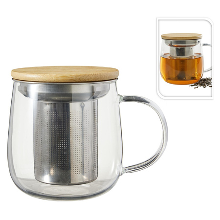 Glass Tea Mug with Strainer and Bamboo Lid - Clear/Natural - 510 ml - 9 x 12 x 9.5 cm