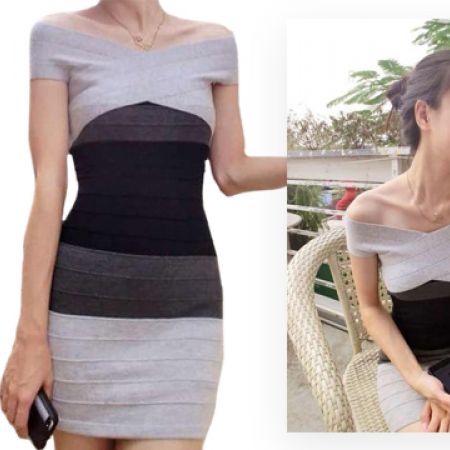 Dual Tone Black & Grey Off Shoulder Bandage Dress For Women Size: Medium