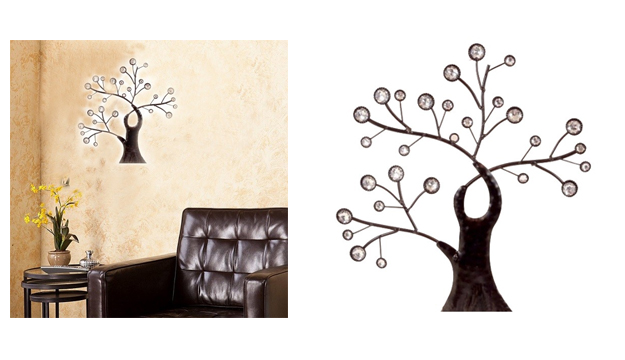 Tree Wall Art Sculpture With Glass Leaves Brown Metal Frame