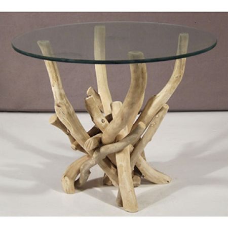 Glass-Top Natural Drift Wood Round End Table
